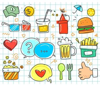 Conjunto de ilustraciones como si fueran ideas: hamburguesa, jarra de cerveza, corazón, cubiertos
