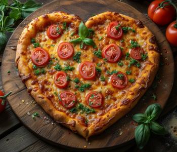 pizza margarita en forma de corazón, sobre una tabla de madera y rodeada de tomates y albahaca